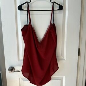 Burgundy Lace‎ Trim Camisole V-Neck Spaghetti Strap Sheer Chiffon Tank Top Wine